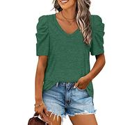 T-Shirts d'été Femme Manche Courtes Col en V T-Shirt lâche Basique Élégant Manche Gigot Tee Shirt Hauts Couleur Unie Tunique Chic Décontracté Loose Top Casual Mode Tops