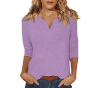 T-shirts d'été pour femme - Manches 3/4 - Col en V - Tunique - Chemisier à manches trois-quarts - Élégant - Décontracté - Couleur unie - Chemisiers et tuniques pour femme, lilas, XL
