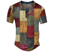 T-shirts d'été pour homme - Col en V - Vintage - Henley - En coton - Manches courtes - Couleur unie - Coupe ajustée - Décontracté - Respirant - T-shirt fonctionnel, #2-b - Rouge, M