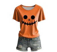 T-shirts d'Halloween pour femmes UK Funny Ghost Pumpkin Face Tops Grande Taille Halloween Costumes Chemises à manches courtes Chemisier effrayant Festival Vêtements Tenues, Orange #1., XXL
