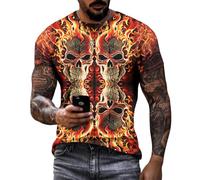 T-shirts d'Halloween pour homme - Motif squelette - T-shirt basique rétro à col rond - Hauts effrayants - Vêtements de vacances - Fête, Crâne flamme., 3XL