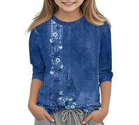 T-shirts en coton à manches 3/4 et col rond pour enfants, t-shirt imprimé floral amusant, t-shirt basique uni, haut athlétique, couleur dégradée, manches longues, décontracté, respirant, Bleu foncé