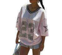 T-shirts en jersey surdimensionnés pour femmes Y2k, t-shirt graphique numérique esthétique, col en V, manches courtes, coupe ample, haut streetwear, D rose., S