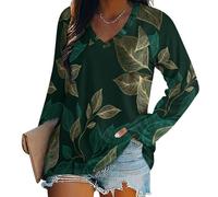 T-Shirts Femme À Manches Longues Basique Hauts Col en V T-Shirt Décontracté Chic Imprimé Feuilles À Rayures Dorées Sport Tee Hauts Tops Automne, Motifs Botaniques Luxe