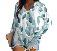 T-Shirts Femme À Manches Longues Basique Stretch Hauts Col V Aquarelle De Feuilles D'Eucalyptus T-Shirt Décontracté Chic Couleur Unie Sport Tee Hauts Tops Automne