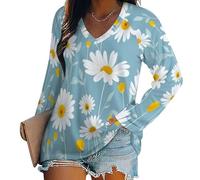 T-Shirts Femme À Manches Longues Basique Stretch Hauts Col V Marguerite Simple Et Mignonne T-Shirt Décontracté Chic Couleur Unie Sport Tee Hauts Tops Automne