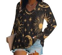 T-Shirts Femme À Manches Longues Basique Stretch Hauts Col V Tarot Mystique Soleil, Lune T-Shirt Décontracté Chic Couleur Unie Sport Tee Hauts Tops Automne