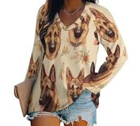 T-Shirts Femme À Manches Longues Basique Stretch Hauts Col V Thème Rétro du Berger Allemand T-Shirt Décontracté Chic Couleur Unie Sport Tee Hauts Tops Automne