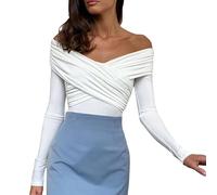T-shirts femme croisés enveloppants froncés décolleté plongeant, col en V croisé devant, manches longues, épaules dénudées, coupe ajustée, hauts tee streetwear, blanc, S