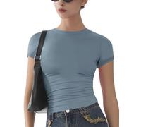 T- Shirts Femmes Basique À Manches Courtes Slim Fit Doux Crewneck Crop Y2k Tees D’été Extensible Mignon Tops Bleu Poussiéreux XS