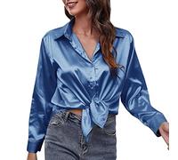 T-shirts femmes tops blouse débardeur chemise satin femmes satin imitation soie chemise à manches longues frontière commerciale européenne et américaine vêtements pour femmes, bleu, S