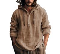 T-Shirts Fins pour Hommes and Autumn Long Sleeved Solid Color Cotton Linen Shirt Pack T-Shirts (Brown, L)