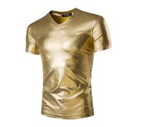 T-shirts métalliques pour hommes, manches courtes, tunique brillante effet mouillé pour clubwear, col en V, t-shirt de fête uni, coupe ajustée, pulls décontractés pour danse disco costume de boîte