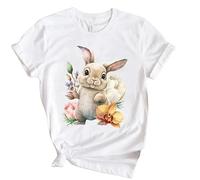 T-Shirts Mignons à imprimé Lapin pour Femmes à Manches Courtes O-Neck Pullover Tops Dames Happy Easter Holiday Tee