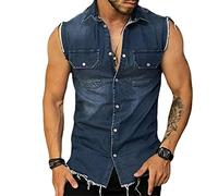 T-Shirts Musclés Homme Slim Fit Revers Chemise Jean sans Manches Homme Décoration Poche Gilet Jean Homme Boutonnage Cowboy sans Manches T-Shirt Homme A-Blue XL