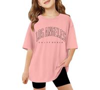 T-shirts pour enfants pour filles avec lettres imprimées, manches courtes, hauts surdimensionnés, décontractés, col rond, t-shirts basiques, Rose, 3-4 ans