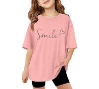 T-shirts pour enfants pour filles avec lettres imprimées, manches courtes, hauts surdimensionnés, décontractés, col rond, t-shirts basiques, Rose, 9-10 ans