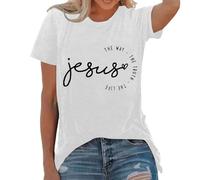 T-shirts pour femme avec impression lettre - T-shirt chrétien Jésus - Col rond - T-shirt de sport à manches courtes - T-shirt d'été amusant - T-shirt d'été - T-shirt de loisirs - Haut basique pour les
