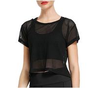 T-shirts pour femmes à col rond, filet de pêche en maille transparente, ultra doux, manches courtes, couleur unie, crop top, t-shirt en maille et gilet pour femme, Noir , S