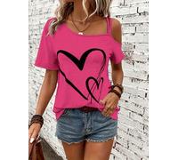 T-shirts pour femmes - Hauts décontractés - Impression amour - Col à une épaule - Manches courtes - Blouses - Vêtements de plage tendance pour les vacances d'été 2025, mauve, XX-Large