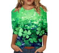 T-shirts pour femmes UK St Patrick Day T-shirts d'été hauts col rond manches trois-quarts confortable imprimé floral chemisier t-shirts en élasthanne, Vert, L