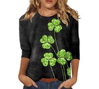T-shirts pour femmes UK St Patrick Day T-shirts d'été hauts col rond manches trois-quarts confortable imprimé floral chemisier t-shirts en élasthanne, Noir , M