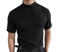 T-shirts pour homme avec col - Couleur unie - Skinny - Pour homme - Manches courtes - Décontracté - Extensible - Coupe ajustée - Sous-vêtement basique - Col haut - Tunique - Hauts de sport, Noir , L