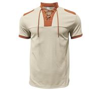 T-shirts pour hommes à col en corde à manches courtes - Pull patchwork tendance avec style médiéval - Confortable - Doux à porter - Évacuation de l'humidité - Haut de sport pour l'été, beige, M