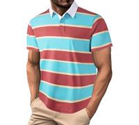 T-shirts rayés pour hommes, chemise d'été à manches courtes, coton bloc de couleur, col rond, pull-over tops doux et élastiques, Z12-sky Blue-Polo pour Homme, 3XL