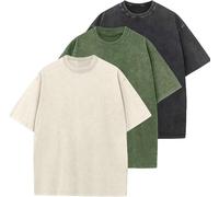 T-Shirts Surdimensionnés Hommes Coton Unisexe Manches Courtes Casual Loose Wash Solid Basic Tee Tops（Black+Green+Apricot-S）