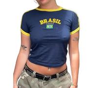 T-shirts vintage pour bébé pour femmes, chemise brésilienne Y2k, hauts courts de football des années 2000, hauts de sortie, bleu foncé, L