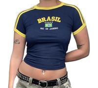 T-shirts vintage pour bébé pour femmes, chemise brésilienne Y2k, hauts courts pour bébé, t-shirts courts pour l'été, les sorties des années 90, hauts streetwear chemises, bleu marine, Taille S