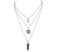 T TAKONE Collier gothique avec soleil, lune et cristal violet - Collier 3 en 1 superposé - Bijou de sorcière pour femme et tenues Y2K (argent)