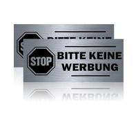 T TAKONE Lot de 2 plaques de boîte aux lettres « Keine Werbung » - En acier inoxydable V2A - 70 x 30 mm - Autoadhésives et inoxydables - Pas d'autocollant publicitaire pour boîte aux lettres (papier)