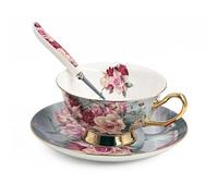 T Tocas Fleurs Tasse à Thé Anglais Tasse à Café en Porcelaine à la Cendre d’Os, Set de tasse et soucoupe à café avec cuillère, Tasse à thé en bone china, 200ml (Style rose rouge)
