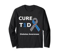 T1D Cure Type 1 Diabetes Awareness Blue Ribbon Diabetic Manche Longue