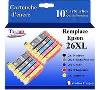 T3AZUR - 10 Cartouches Compatibles avec Epson XP-510, XP-520, XP-600, XP-605, XP-610, XP-615 remplace Epson T26XL Noire, Cyan, Magenta, Jaune G