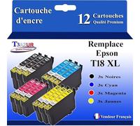 T3AZUR- 12x Cartouches Compatibles avec Epson 18XL 18 XL remplace Epson Expression Home XP-225, XP-30, XP-302, XP-305, XP-312, XP-315, XP-322, XP-325
