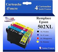T3AZUR - 4 Cartouches Compatibles avec Epson Expression Home XP-5150 XP-5100 XP-5155 XP-5105 Workforce WF-2860 WF-2865 WF-2880 WF-2885 502XL