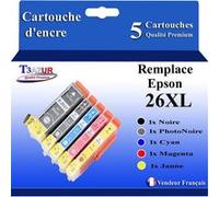 T3AZUR - 5 Cartouches Compatibles avec Epson XP-510, XP-520, XP-600, XP-605, XP-610, XP-615 remplace Epson T26XL +10 papiers photo A6 - T3AZUR Noire, Cyan, Magenta, Jaune G
