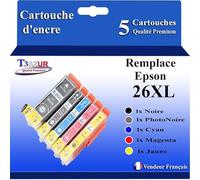 T3AZUR - 5 Cartouches Compatibles avec Epson XP620, XP625, XP700, XP710, XP720, XP800, XP810, XP820 remplace Epson T26XL +10 papiers Photo A6