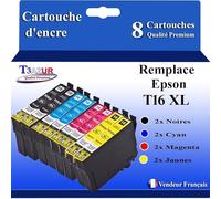T3AZUR- 8X Cartouches Compatibles avec Epson 16XL 16 XL remplace Epson Workforce WF-2750 WF-2760 WF-2660 WF-2650 WF-2630 WF-2540 WF-2530 WF-2510 WF-2010