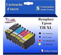 T3AZUR- 8X Cartouches Compatibles avec Epson 18XL 18 XL remplace Epson Expression Home XP-102, XP-202, XP-205, XP-212, XP-215