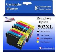 T3AZUR - 8x Cartouches compatibles avec Epson WorkForce WF-2860DWF, WF-2865DWF, WF-2880DWF, WF-2885DWF, 502XL Noire, Cyan, Magenta, Jaune G