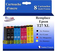 T3AZUR - 8X Cartouches Compatibles avec Epson Workforce WF-7110DTW WF-7210DTW remplace Epson T27XL