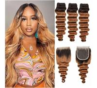 T4/30 Bundles Ombre Loose Deep Wave Cheveux Humains Bundles Brun Bouclé Wave 3Bundles Brésiliens Et 4X4 Partie Libre Lace Closure Pour Femmes Noires (14 16 18 14) Inch,12 14 16+12 inch