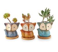 T4U 10CM Petit Cache Pots pour Cactus avec Plateau Bambou Lot de 3, Mignon Renard Cactus Pot de Succulente Ronde Planteur de Céramique Jardinière Contenant Décoration de Maison Bureau Cadeau