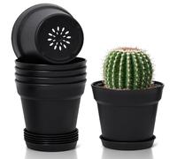 T4U Pot de Fleur Interieur 12.5 cm en Plastique avec Soucoupe Lot de 6, Pots de Fleurs Ronds avec Trous de Drainage Multiples pour Plantes d’Intérieur et Balcon, Noir