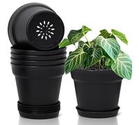T4U Pot de Fleur Interieur 16 cm en Plastique avec Soucoupe Lot de 6, Pots de Fleurs Ronds avec Trous de Drainage Multiples pour Plantes d’Intérieur et Balcon, Noir