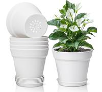 T4U Pot de Fleur Interieur 16 cm en Plastique avec Soucoupe Lot de 6, Pots de Fleurs Ronds avec Trous de Drainage Multiples pour Plantes d’Intérieur et Balcon, Blanc